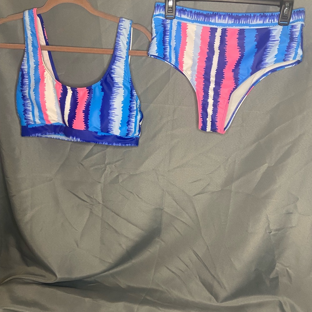 SHEIN Blue and Pink Striped Bikini Set